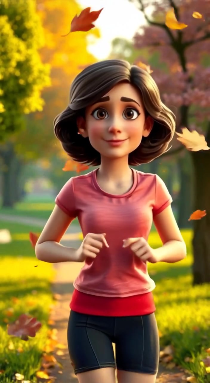 The woman jogs steadily through the park, focusing on her pace as leaves gently fall around her.