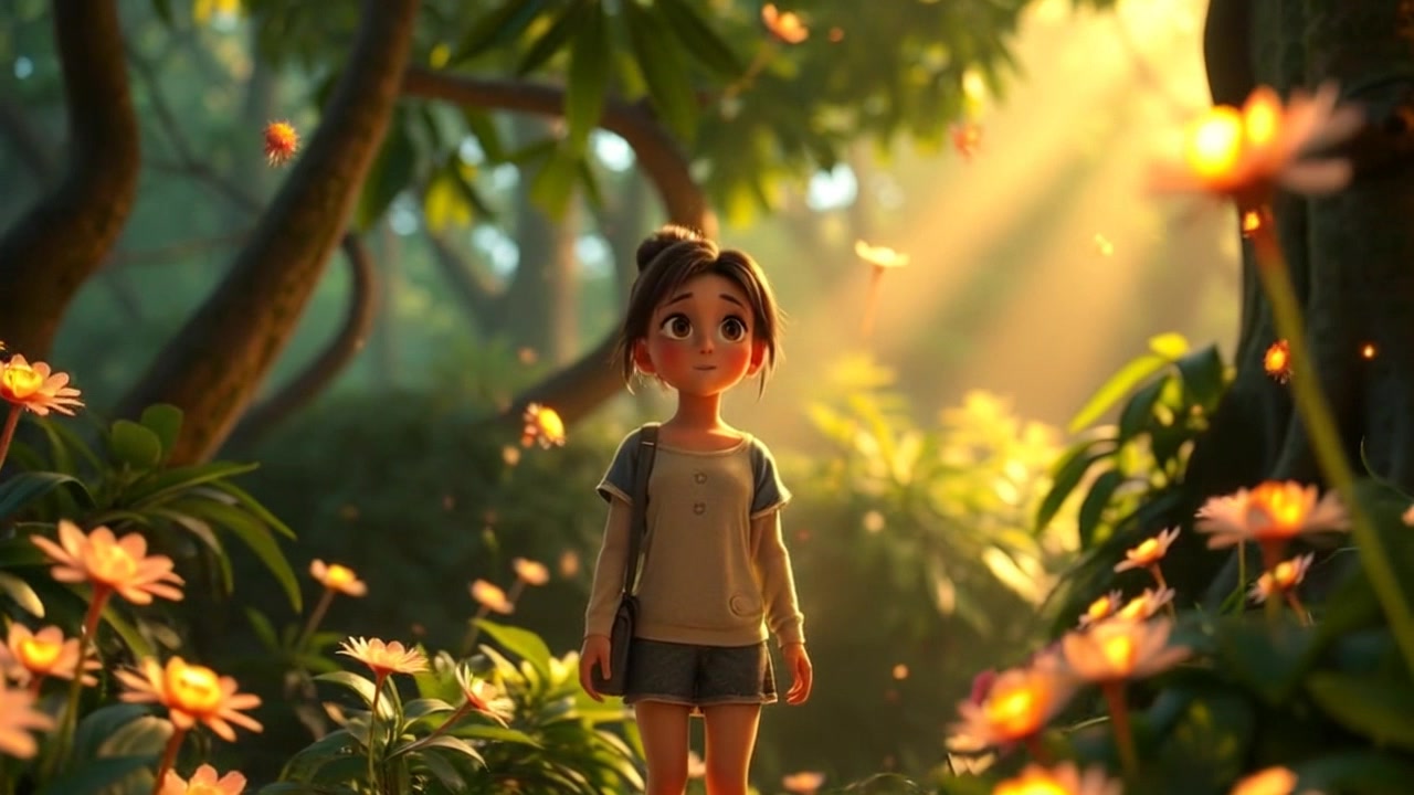 A lush forest filled with glowing flowers and magical creatures, with Akari standing in the center, looking amazed.