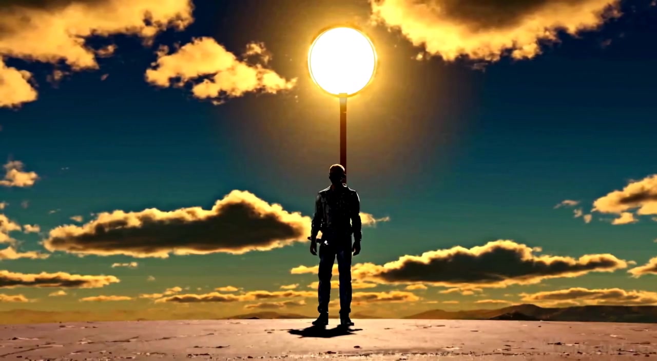 The man stands calmly under the streetlamp, shadows flickering as clouds drift gently across the night sky.