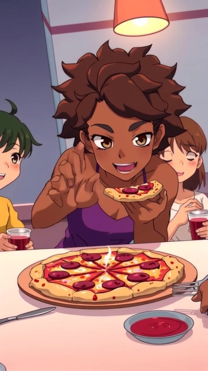 Subject: A character reaching excitedly for the last slice of pizza on a table. Subject movement: The character leans forward, hand extended, as friends around the table gaze with amused anticipation. Scene: A lively dining setting with friends gathered around a table filled with food and laughter. Style: Warm, ambient lighting creating an inviting atmosphere filled with the aroma of delicious pizza. Motion: The camera captures a dynamic push-in shot towards the character, focusing on their expression and the coveted pizza slice, while the friends' reactions unfold in the background.
