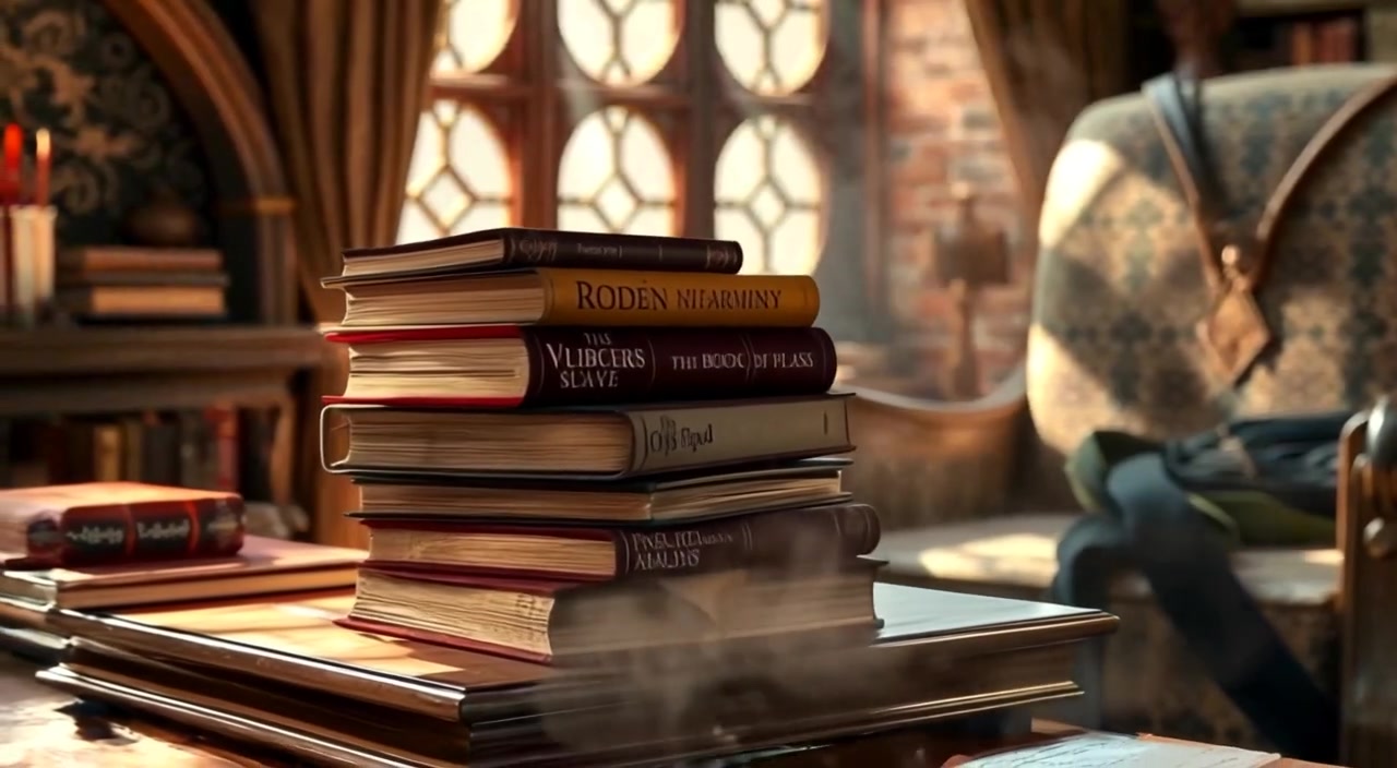 The sunlight gently illuminates the stack of books as dust particles float in the warm air.