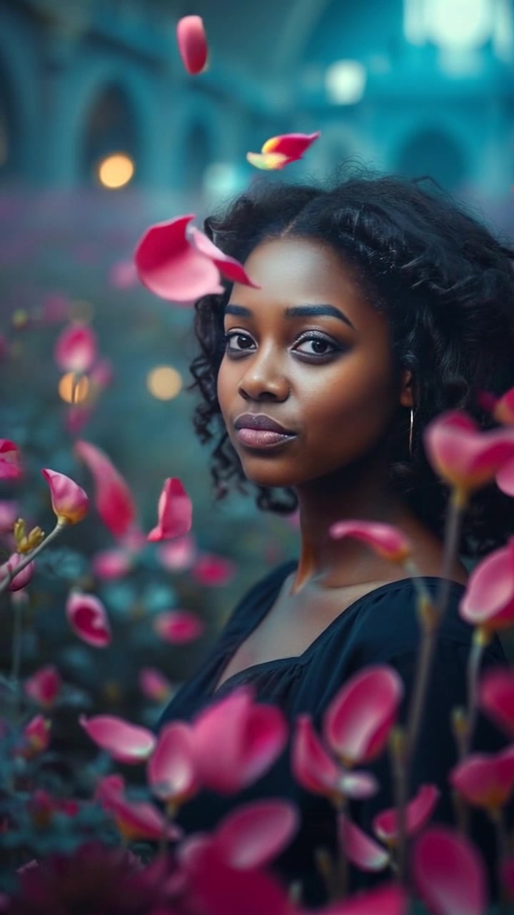 Scene: A dreamy garden filled with vibrant flowers, petals gracefully floating in the soft breeze, illuminated by ethereal glowing light. Style: Warm, inviting tones creating a serene atmosphere, with the sunlight filtering through the leaves. Motion: The camera performs a gentle dolly in, gliding smoothly over the garden path to capture the delicate dance of the petals in the air.
