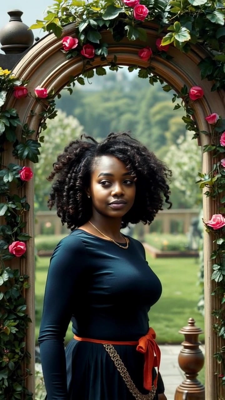 Scene: Dola standing at the entrance of her secret garden, a whimsical archway covered in lush vines. Style: Soft, enchanting lighting filtering through the foliage, creating a dreamlike atmosphere. Motion: The camera slowly pushes in toward Dola, capturing her expression of wonder as she gazes into the vibrant garden beyond, inviting the viewer to explore this magical space.