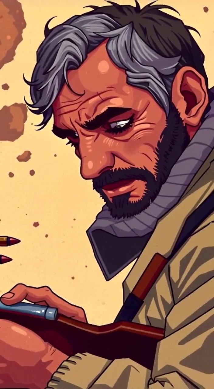 The soldier carefully removes bullets from the rifle, brow furrowed, in a dusty and quiet battlefield environment.