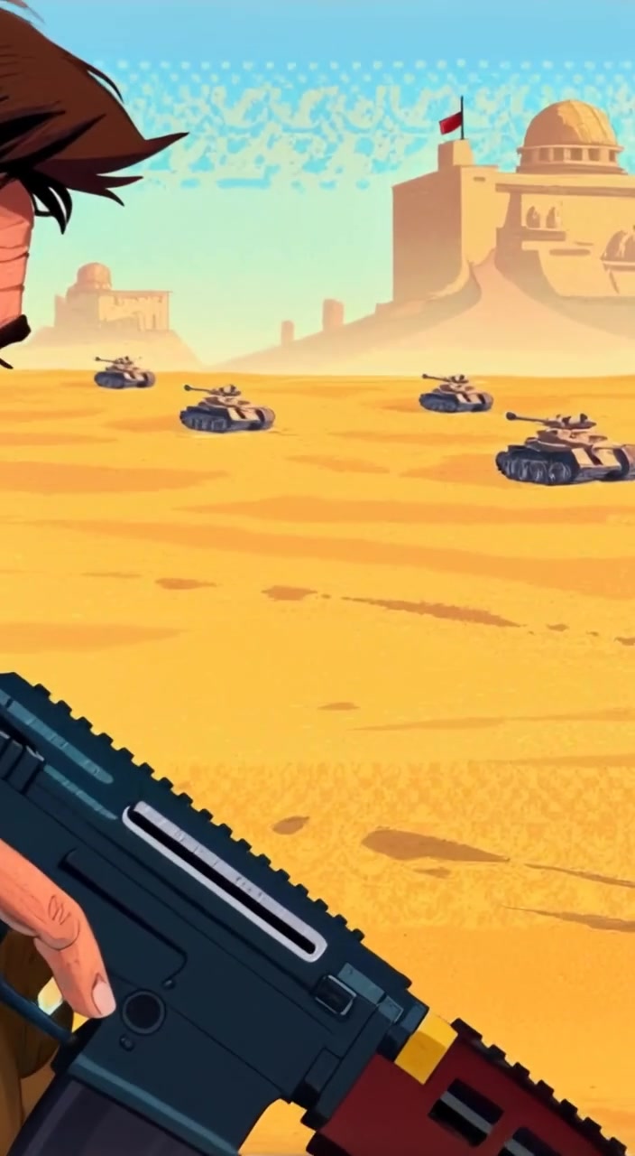 The soldier steadily aims their rifle, focused on distant tanks across the barren landscape.
