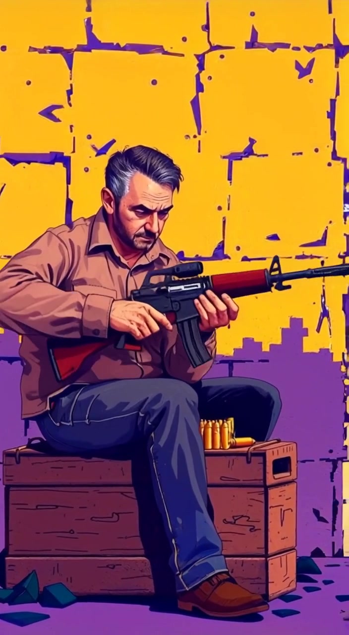 A soldier methodically reloads bullets into a rifle while seated on a wooden crate, focused and attentive.