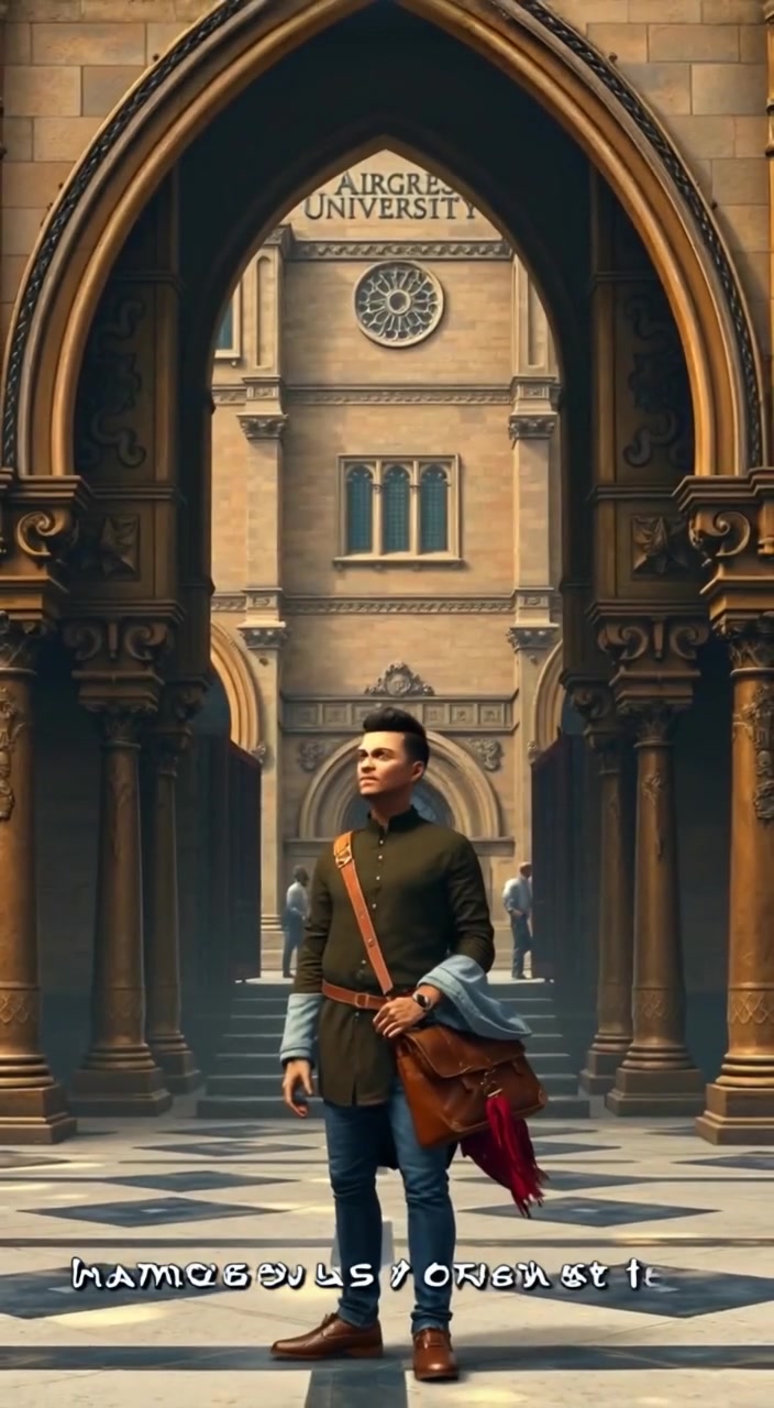 The boy gazes up at the grand university entrance, his satchel gently swaying by his side in the breeze.