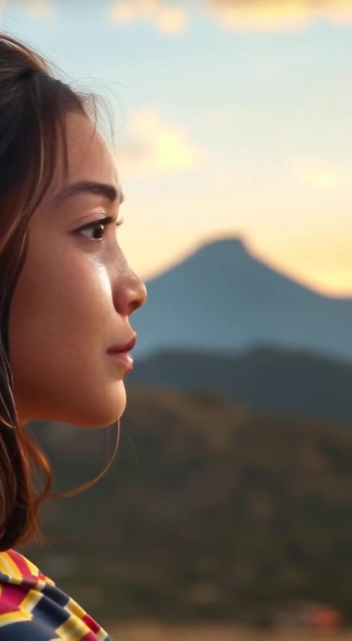 The young woman gazes determinedly toward the horizon as the sun rises over the distant mountain.