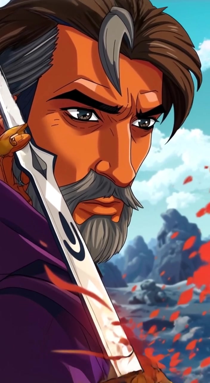 The man grips his sword tightly, gazing into the distance with determination against a dramatic sunset backdrop.