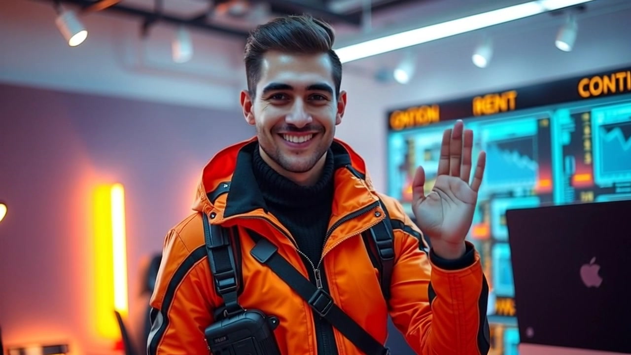 You, standing in a well-lit room with a computer setup, smile and wave at the camera. Slow push in shot to capture your friendly gesture as the ambient lighting highlights the warmth of the room.
