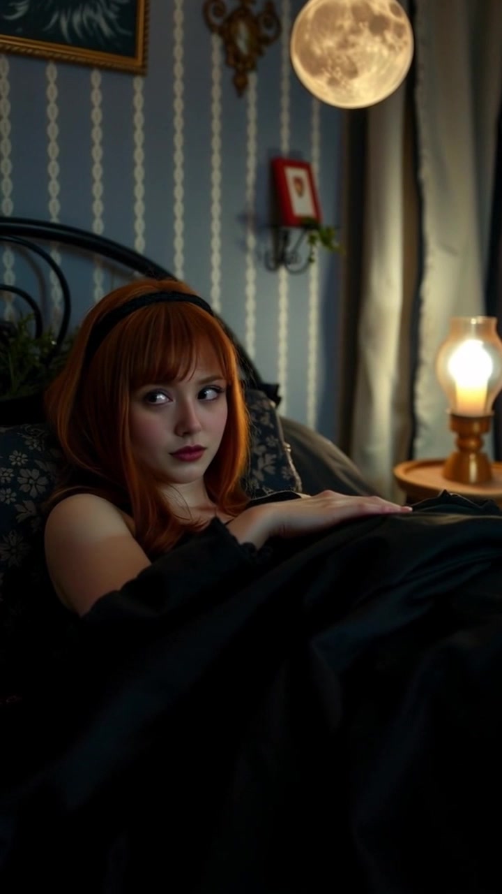 Scene: A dimly lit bedroom, with Lina lying uneasily in bed under a dark blanket as the lights flicker and eventually go out. Style: Soft, ambient lighting quickly fading into shadow, enhancing the tension in the atmosphere. Motion: The camera slowly zooms in on Lina's face, capturing her unease as the darkness envelops the room.