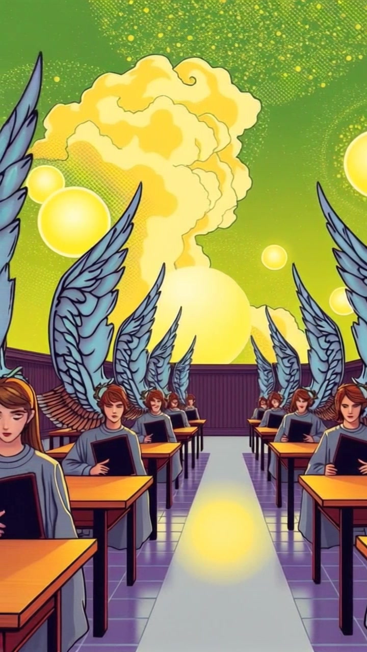 A peaceful scene showing angels at attention, poised in their place, under a soft, illuminated sky.