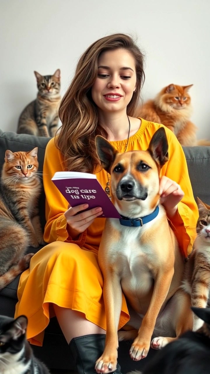 Subject: A person sitting on a sofa with a book in hand titled 'Dog Care Tips', accompanied by a loyal dog at their feet. Subject description: Relaxed posture, casual attire, focused expression while reading. Subject movement: The person remains still, engrossed in reading the book. Scene: Cozy living room setting with warm, inviting decor and soft ambient lighting. Camera language: Slow push-in towards the person and dog, capturing the bond between them. Lighting: Soft, warm ambient light enhancing the coziness of the room. Atmosphere: Calm, cozy, and intimate.
