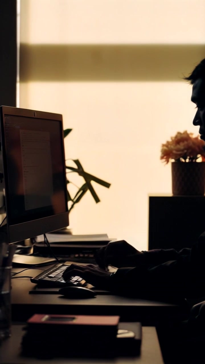 Subject: An office worker seated at a cluttered desk, navigating through paperwork while working on a computer. Subject movement: The worker actively types and occasionally gestures with their hands, surrounded by an array of office supplies. Scene: A bright office space filled with stacks of documents, a computer screen glowing with task lists, and pens scattered about. Lighting: Ambient daylight filtering in through a nearby window, casting soft shadows. Motion: Camera gently pushes in for a close-up of the worker's hands at the keyboard, then pans back to capture the full scope of the organized chaos on the desk.