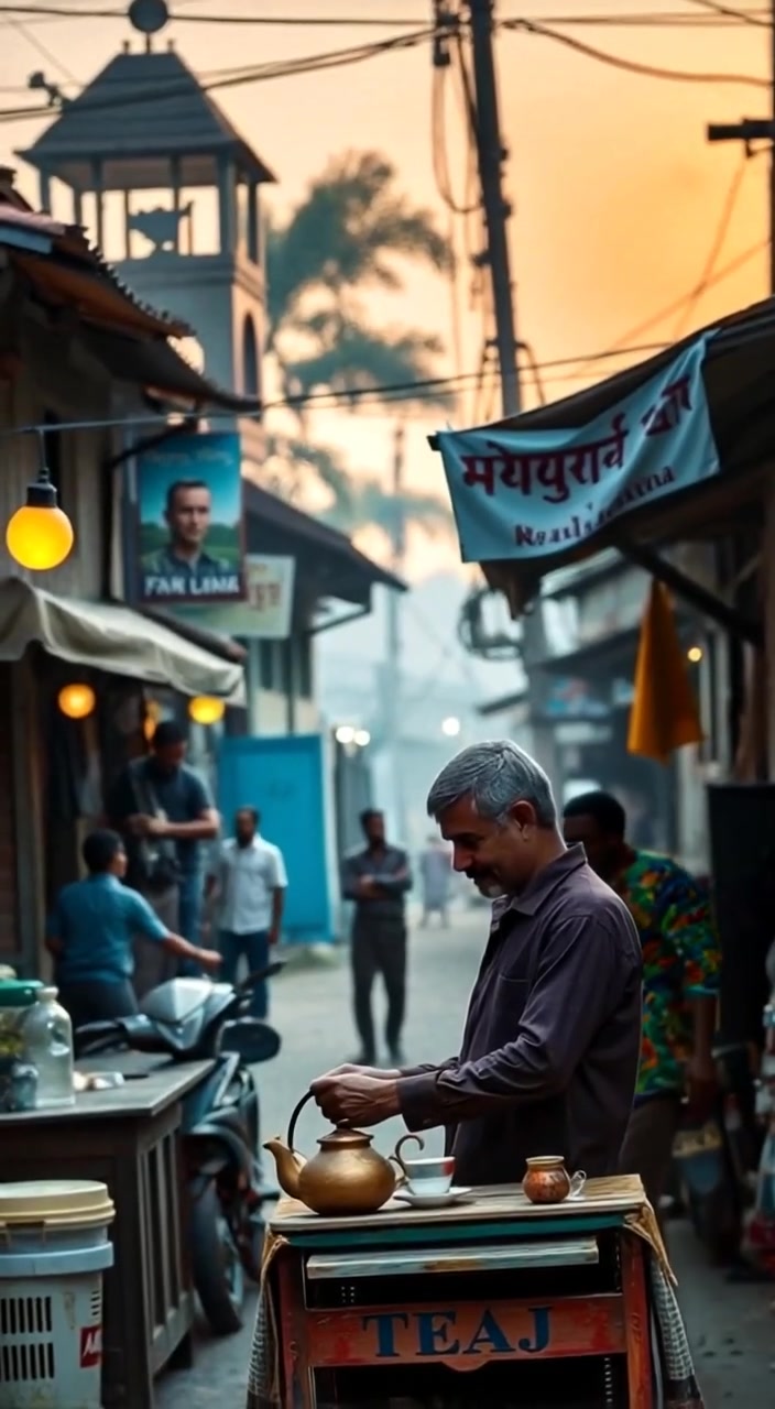 The man gently stirs a pot of tea as dawn light warms the quaint village street.