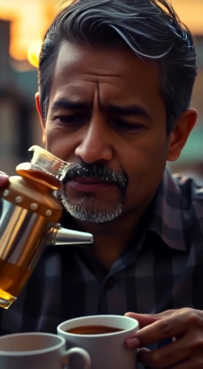 The man gently pours steaming tea into cups as the warm sunlight rises in the background.
