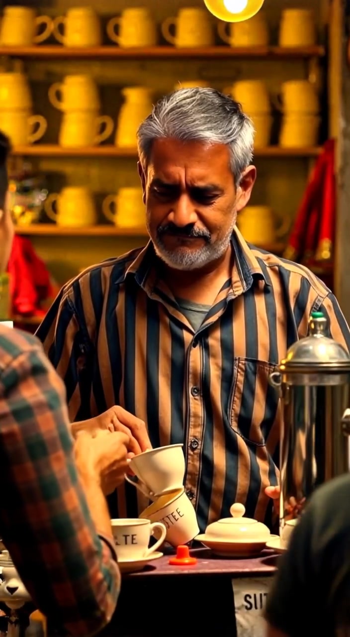 The man gently serves tea to a customer while arranging cups on his small stall.