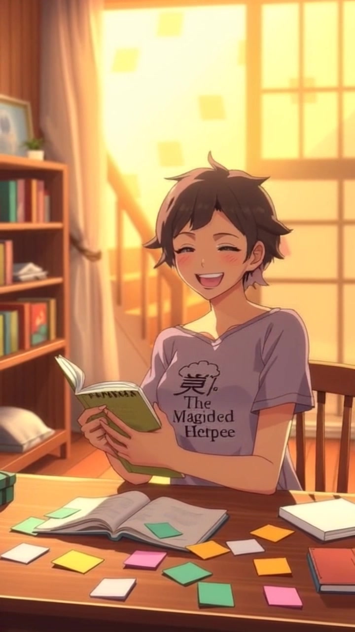 Sara sitting at a wooden desk, smiling while reading a book, with colorful sticky notes scattered around.