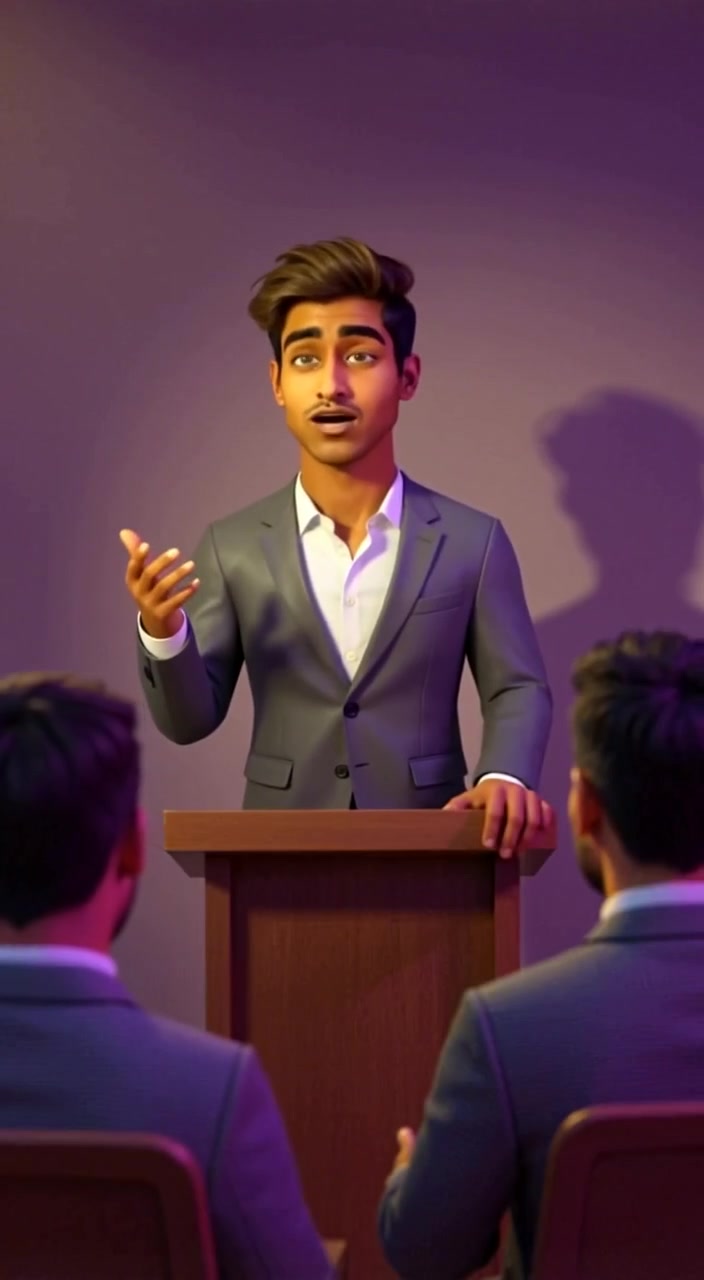 The man gestures passionately at a podium, engaged in a lively debate with an attentive crowd behind him.