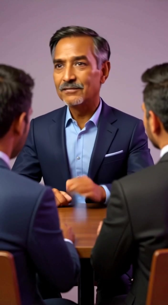 The man gestures passionately as he speaks, captivated listeners watching intently in the dimly lit room.