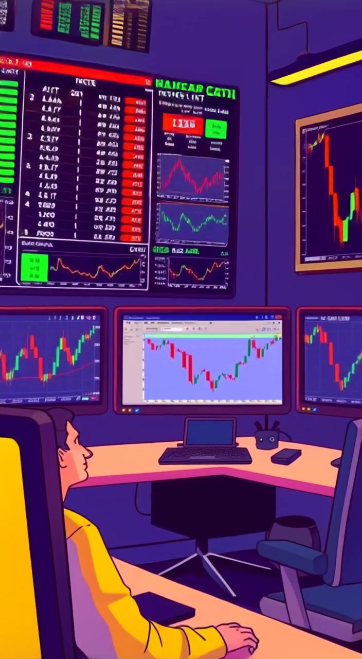 The screens flicker as stock prices fluctuate, casting a soft glow over the focused trader at the desk.