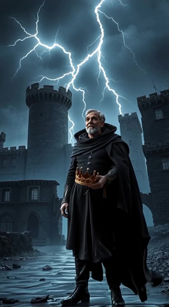 A haunted castle in ruins, with lightning illuminating the sky, representing the unease of King and his descendants.