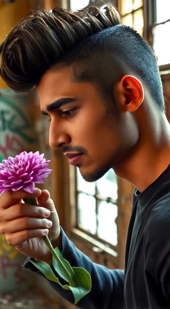 The boy gently examines the fragrant flower, his expression thoughtful as a soft breeze sways the petals.