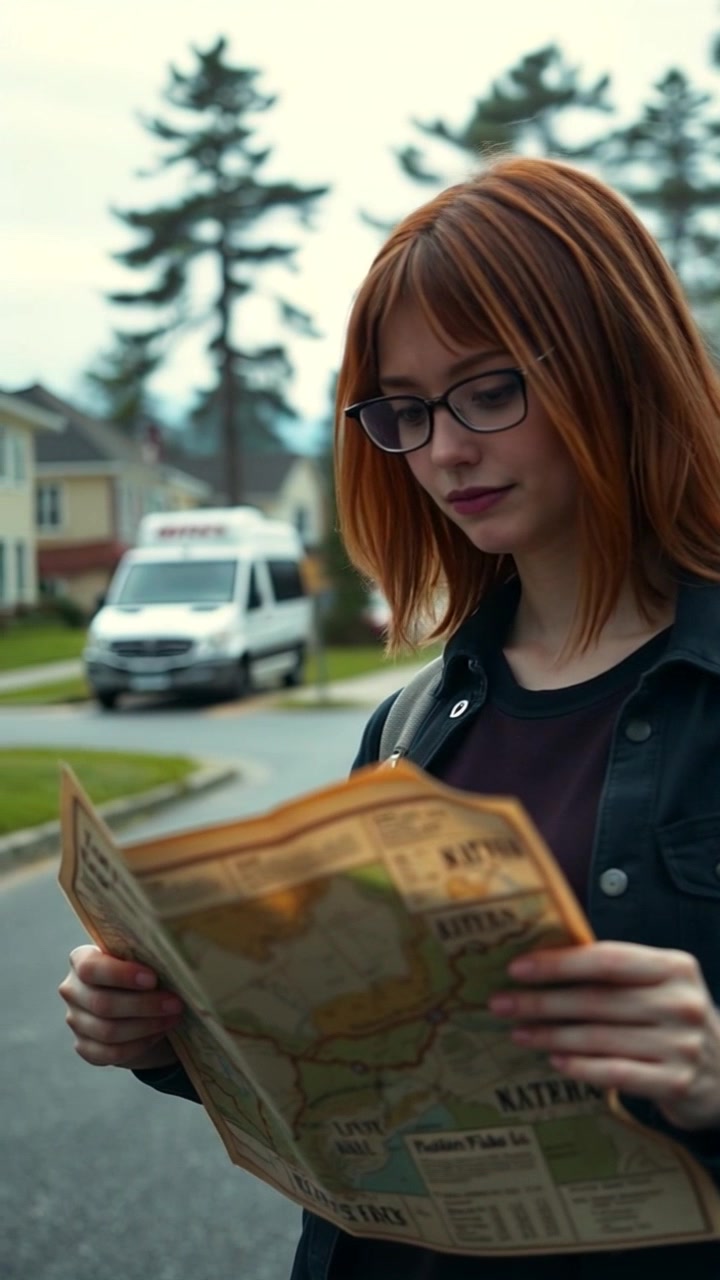 Subject: A person studying an old map. Subject movement: The individual stands still in the middle of a quiet suburban street, with furrowed brows as they concentrate on the map. Scene: Suburban neighborhood, with neatly lined houses and green lawns under a clear blue sky. Style: Soft, ambient morning light casting gentle shadows. Motion: The camera slowly pushes in to capture the person's expression, then pans around to reveal the tranquil street scene around them.