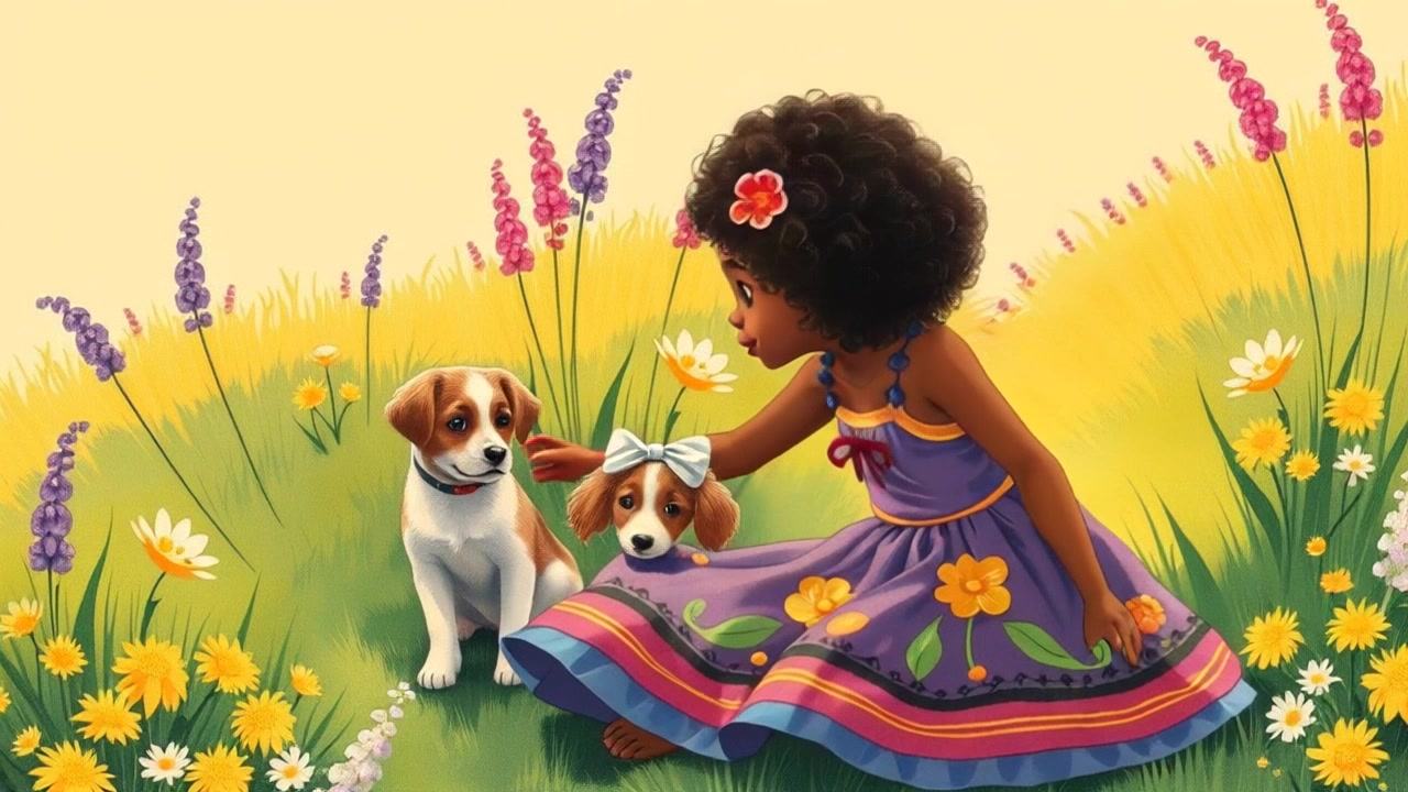 Anaya, dressed in a colorful play dress, sits on the ground next to a small fluffy puppy in a sunny meadow. Slowly pan around the pair, capturing the warmth of the sunlight filtering through the trees. Soft focus and warm lighting enhance the playful and joyful atmosphere of the scene.