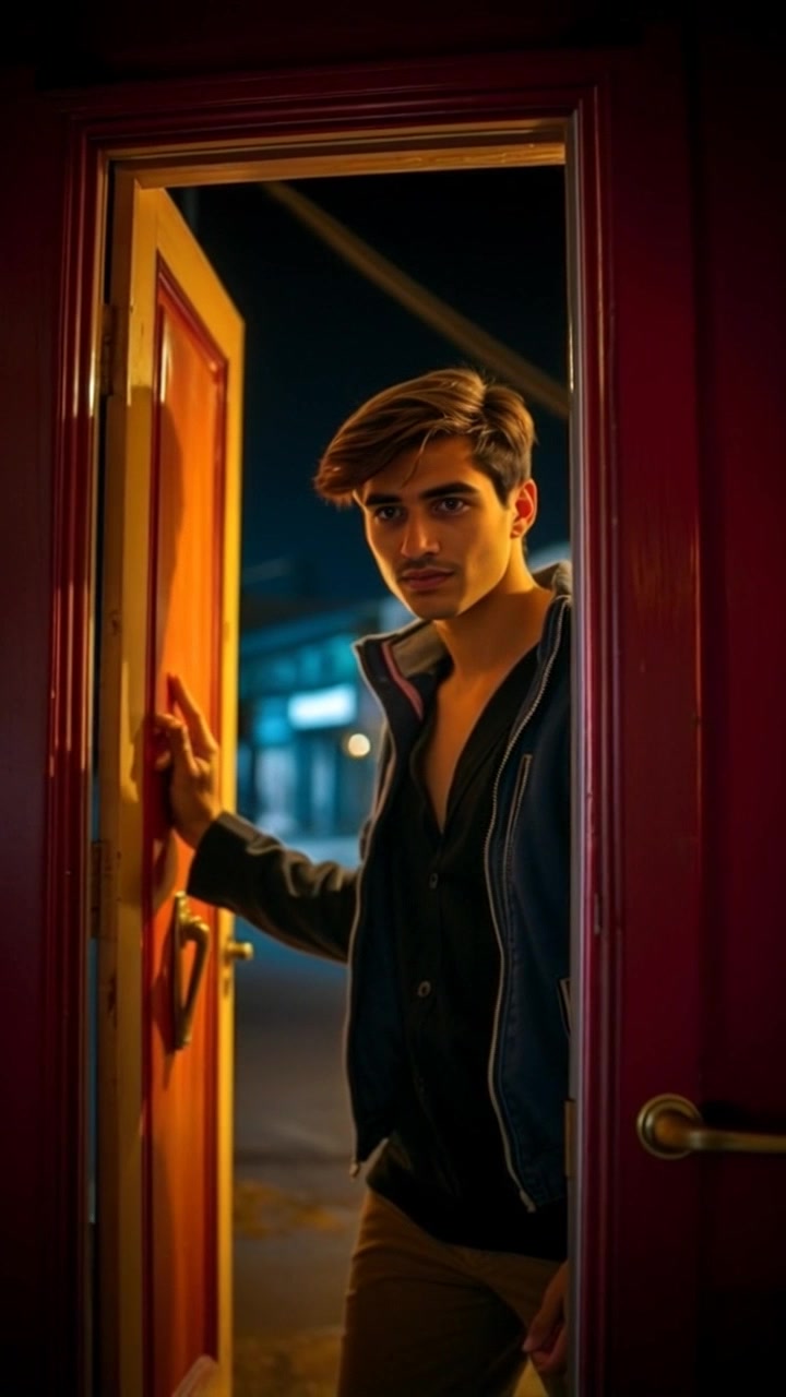 Scene: A young man standing in front of an old wooden door at night, moments after he has opened it to reveal a dark and eerie street outside. Style: Low-key lighting accentuating shadows, creating a mysterious atmosphere. Motion: Camera slowly pulls back from the young man's face, revealing the ominous street ahead while maintaining a tight focus on his expression of curiosity mixed with trepidation.