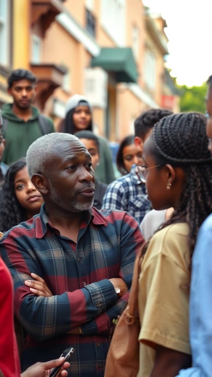 Scene: A vibrant street scene filled with diverse young people gathered around, listening intently to a wise elder sharing stories. Style: Warm afternoon light creating an inviting atmosphere, with colorful street art in the background enhancing the lively energy of the moment. Motion: The camera performs a dynamic panning shot, moving through the group to capture their engagement and expressions, gradually focusing on the elder's animated gestures as the stories unfold.