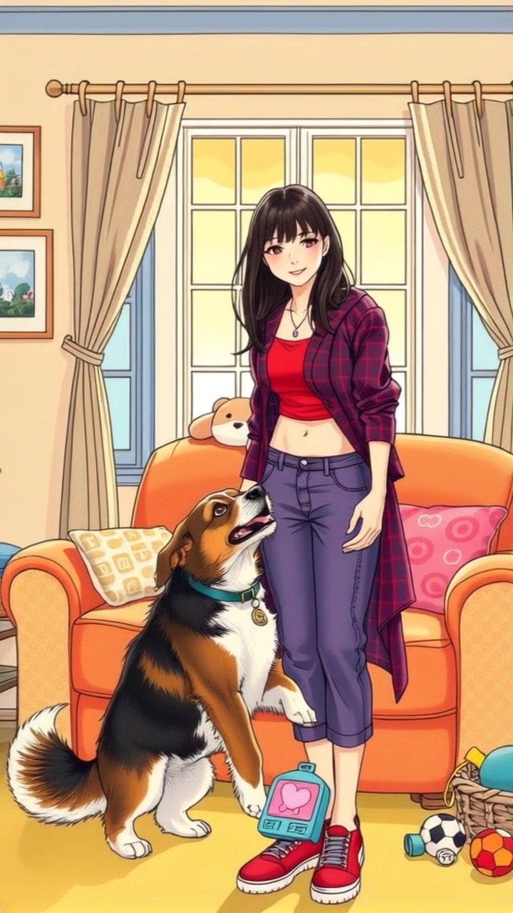 Brian stands in his living room, smiling at his playful dog Max, surrounded by toys.