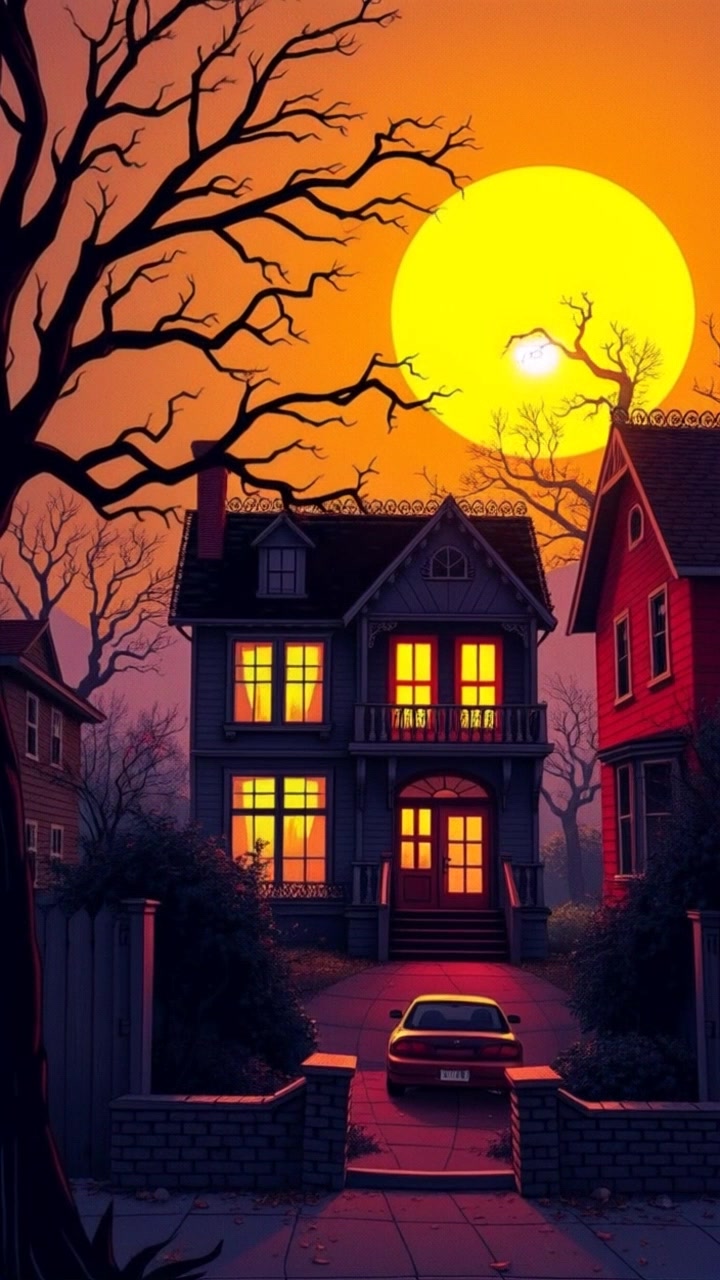 A sunrise lighting up a quiet neighborhood, focusing on Max's house.