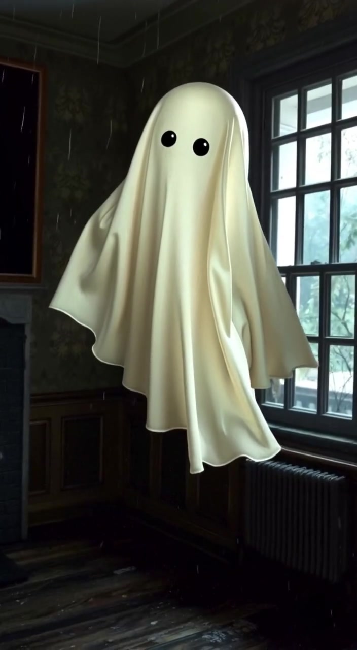 A close-up of Boo, the ghost with a flowing white sheet, floating gently in a dimly lit room.