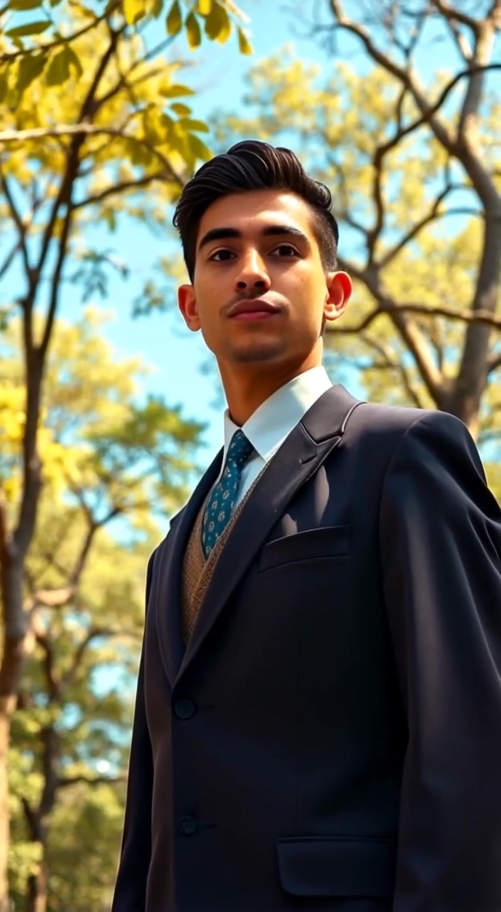 The man takes a deep breath, feeling the gentle breeze rustle the leaves around him in the sunny park.