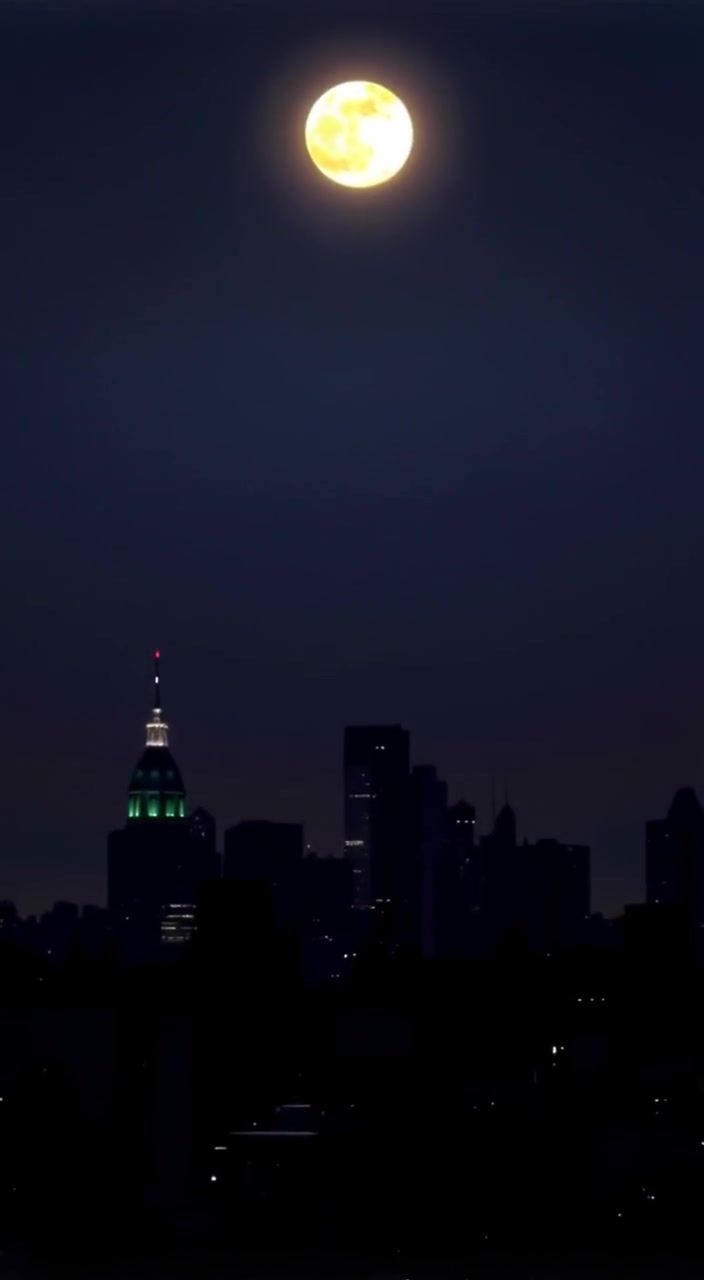 The camera gently pans across a city skyline illuminated by a full moon, distant buildings glowing softly.