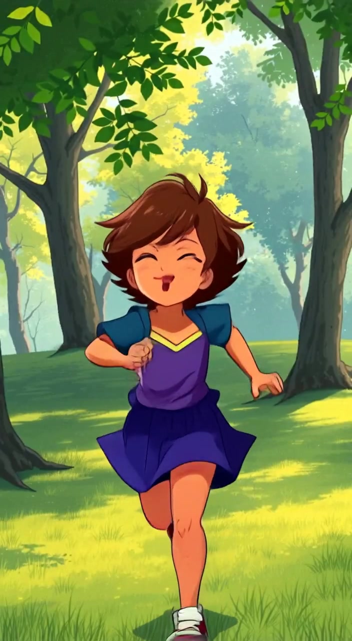The girl runs joyfully through the park, laughter echoing amidst the green grass and swaying trees.