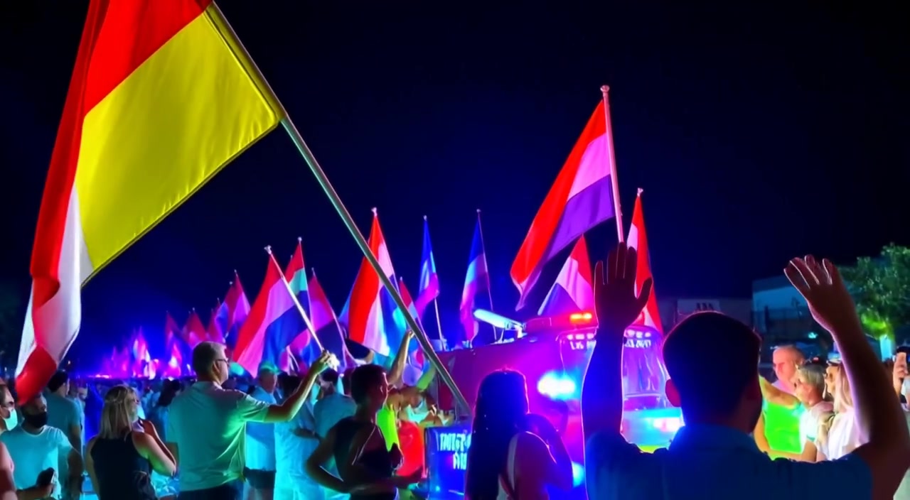 Flags gently wave as the crowd cheers joyously during a vibrant Independence Day parade.