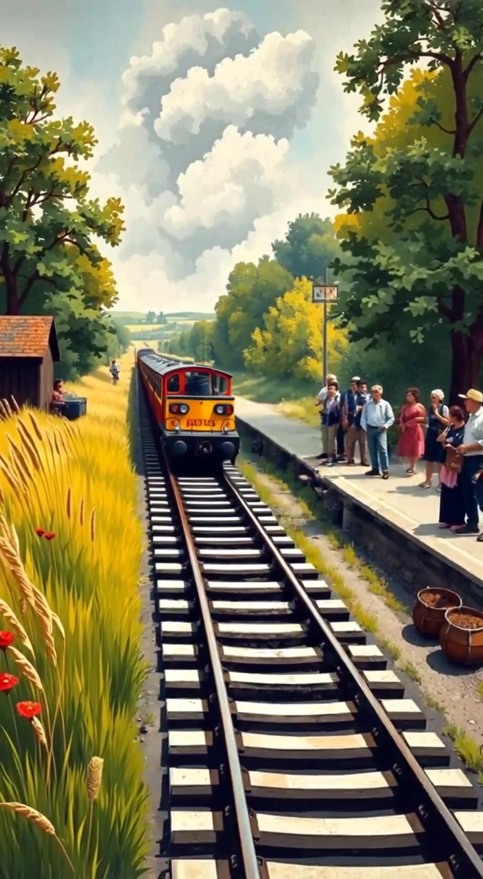 The train glides smoothly along the tracks, passing by swaying grass and towering trees on a sunny day.
