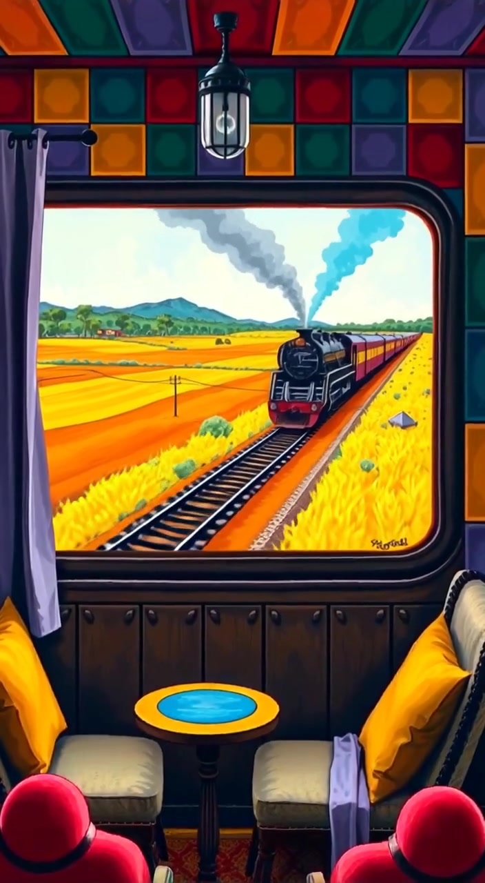 A train glides quietly through cleared fields in a serene rural landscape, surrounded by distant mountains and blue sky.