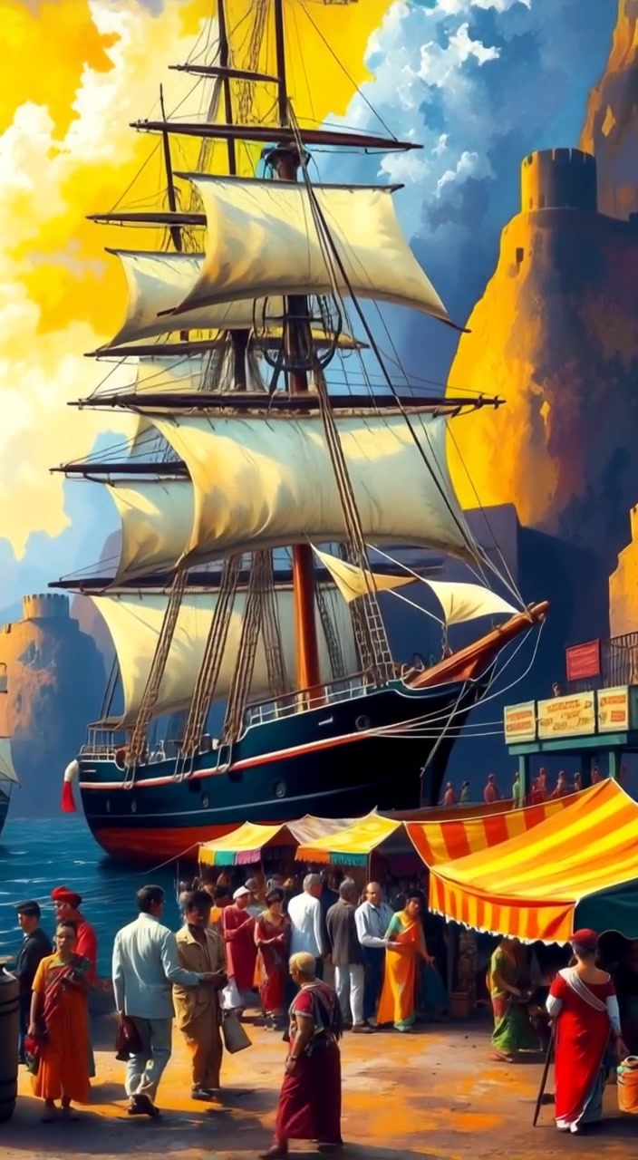 The ship's sails gently billow in the breeze as workers bustle around the busy port.