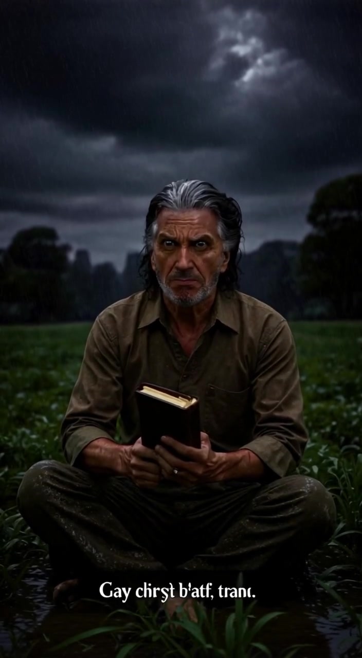 A determined woman gazes across a lush green field, gently flipping through the pages of a small book.