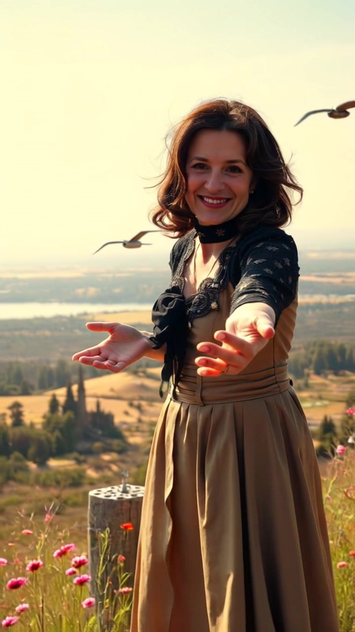 Subject: Amelia stands on a sunny hilltop, in a flowing summer dress with a wide-brimmed hat blowing gently in the breeze, arms outstretched invitingly. Scene: Idyllic hillside with colorful wildflowers swaying in the wind and a sprawling valley below. Camera Language: Slowly push in towards Amelia, capturing the warmth of the sunlight and the expansive view beyond. Lighting: Golden hour light casting a soft, warm glow on the scene. Atmosphere: Serene, inviting, and tranquil.