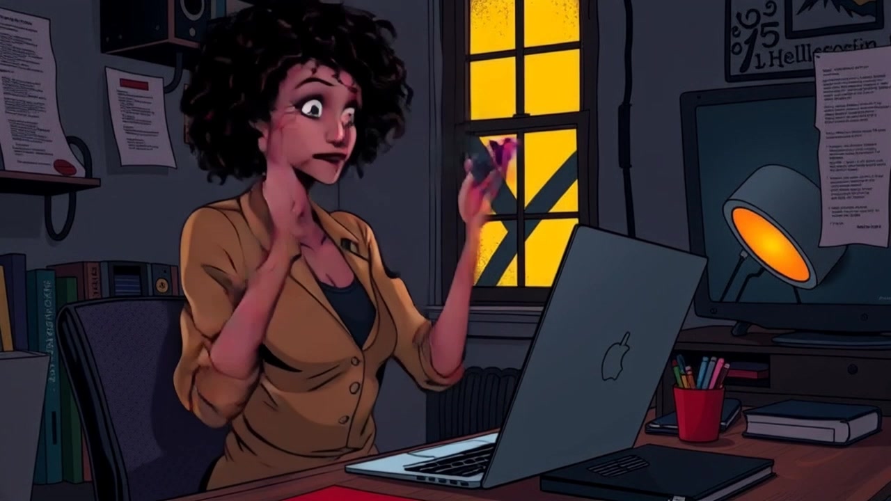 A young woman sitting at a cozy desk, looking excited while typing on a laptop.