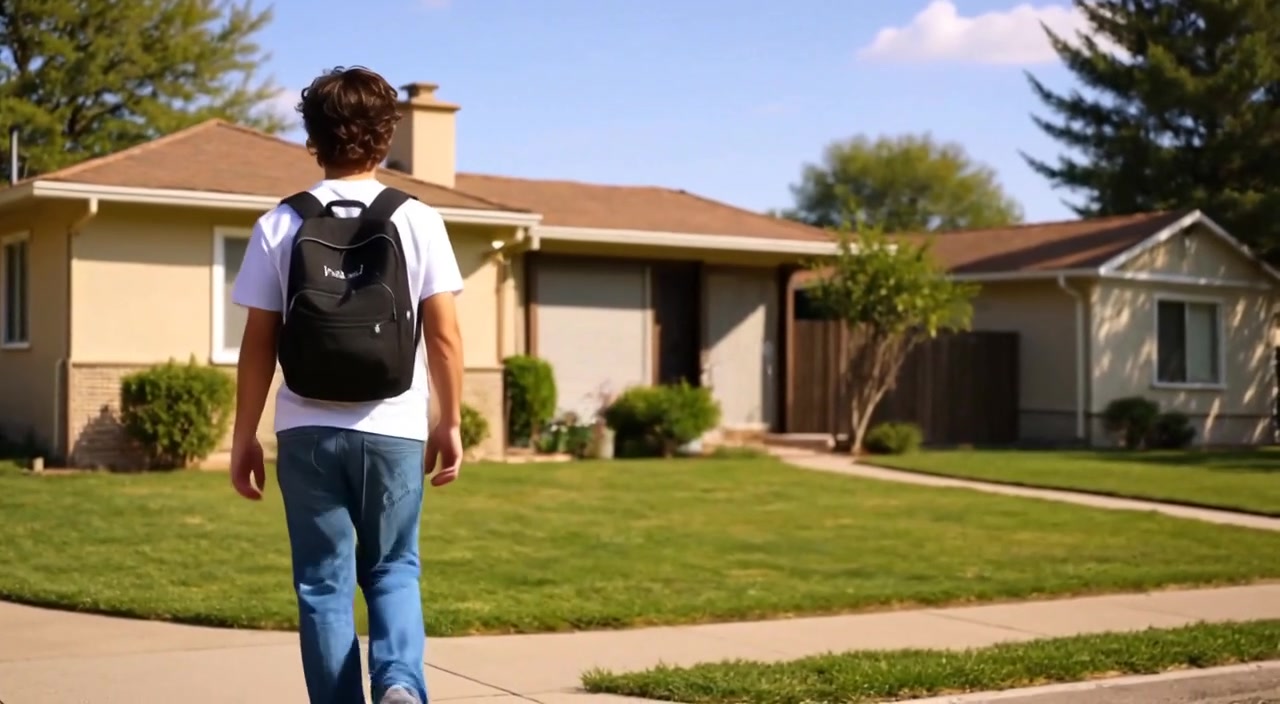 The boy walks purposefully away from the house, sunlight shining on his determined face under a clear blue sky.
