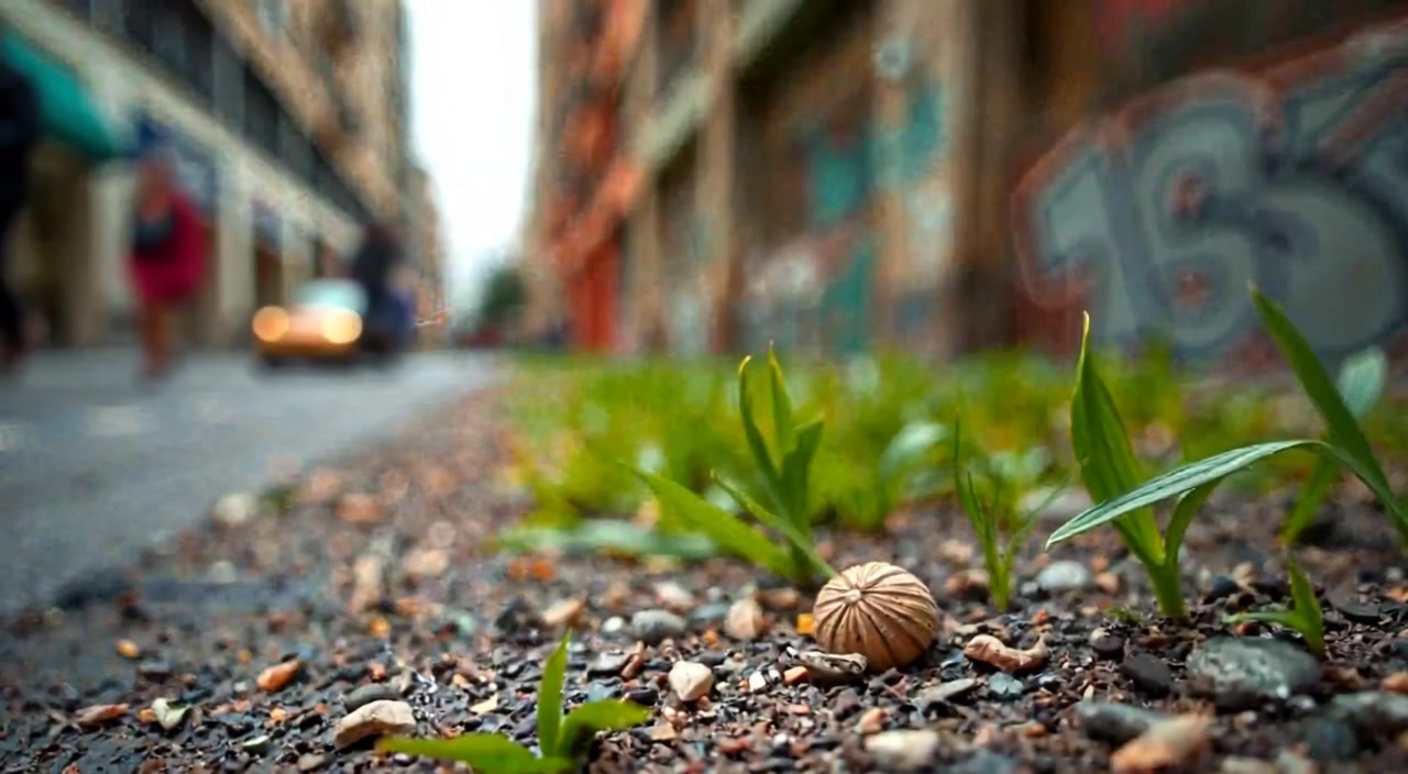 A gentle breeze sways the grass around a single seed resting on a dirt path.