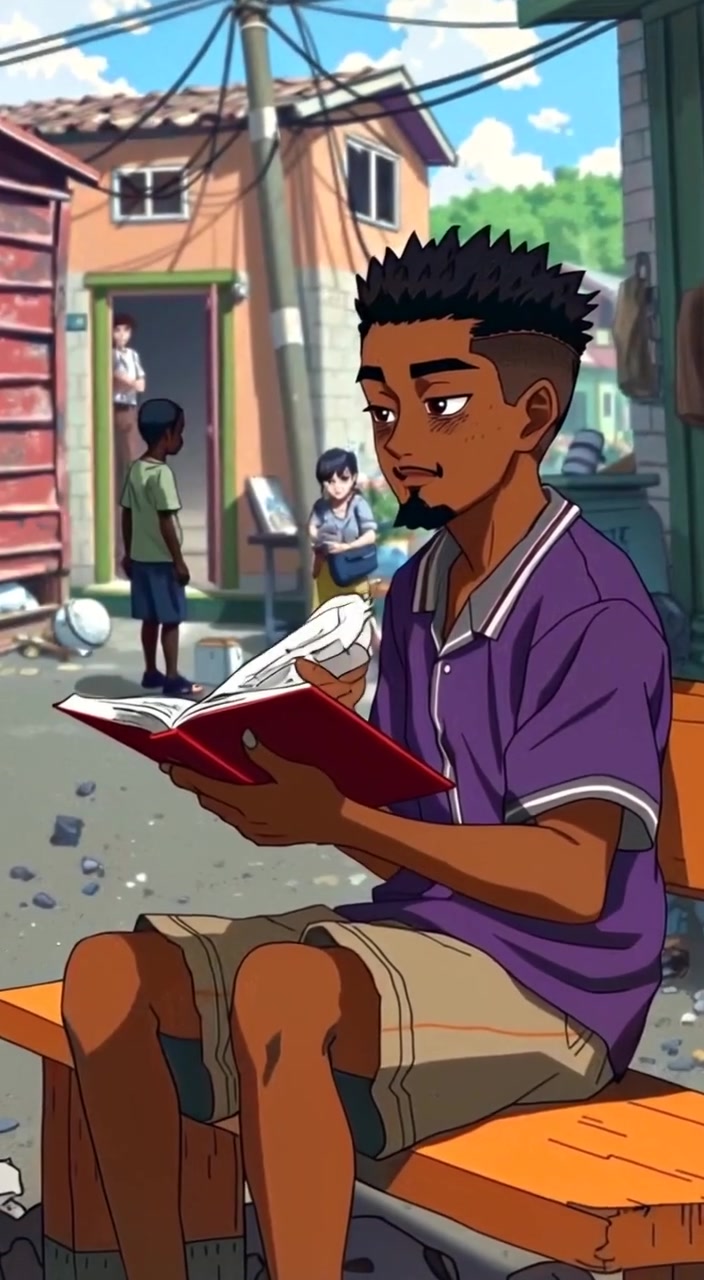 The boy gently turns the pages of his book, lost in thought, while a distant breeze rustles nearby leaves.