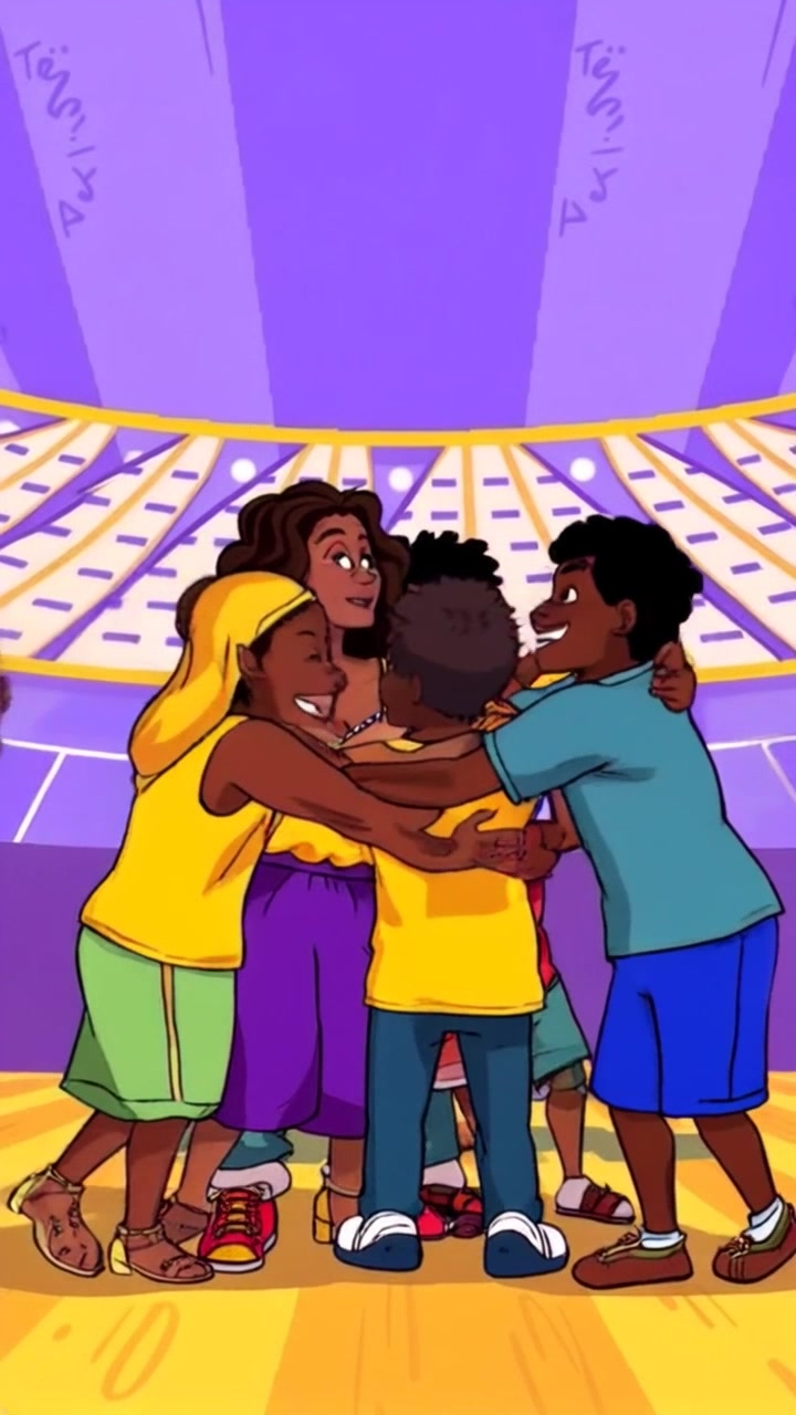 Scene: A lively family gathering on a vibrant sports field, brimming with joy and celebration after a game. Style: Bright, cheerful lighting reflecting the excitement in the air, with rich colors encapsulating the moment. Motion: The camera dynamically pans around the family, capturing their laughter and camaraderie as they embrace and cheer, highlighting the sense of togetherness.