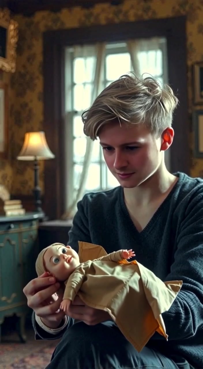 The boy gently unwraps a handmade doll, revealing it in a vintage room filled with memories from 1906.