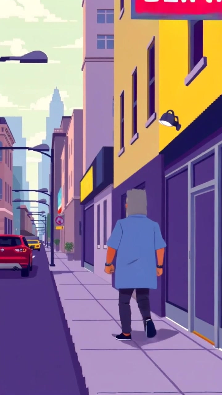 A man in a dark suit and red tie briskly strides down a bustling city street towards a clinic with a prominent sign. The camera tracks alongside him, focusing on the clinic entrance. Smooth forward dolly shot captures the urgency of the man's movements. Bright daylight streams down, casting long shadows and creating a sense of hurry.